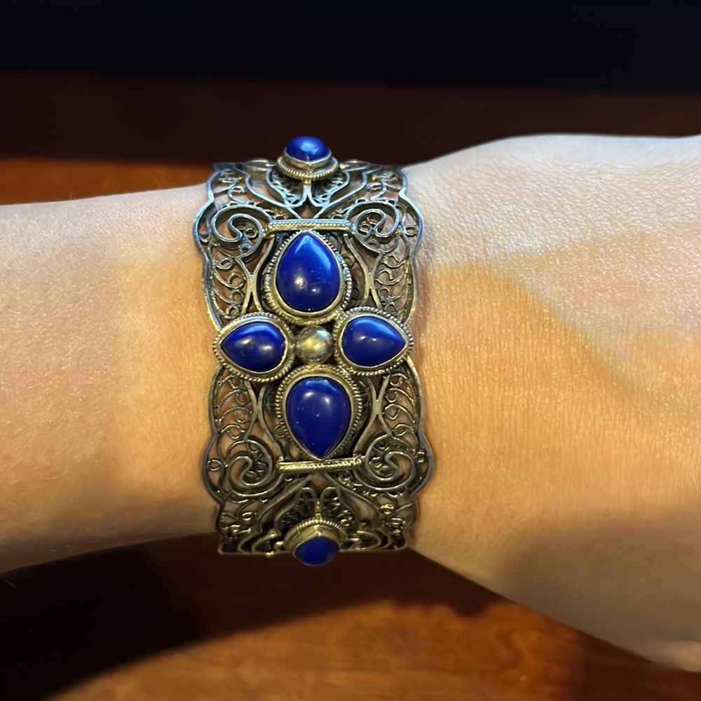 QVC Artisan Crafted Sterling Silver Lapis Filigree Bangle Bracelet - Picture 5 of 10